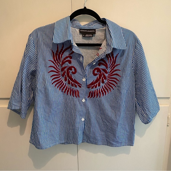 Anthropologie Hemant & Nandita Blue Stripe Button Down Shirt - Picture 4 of 6